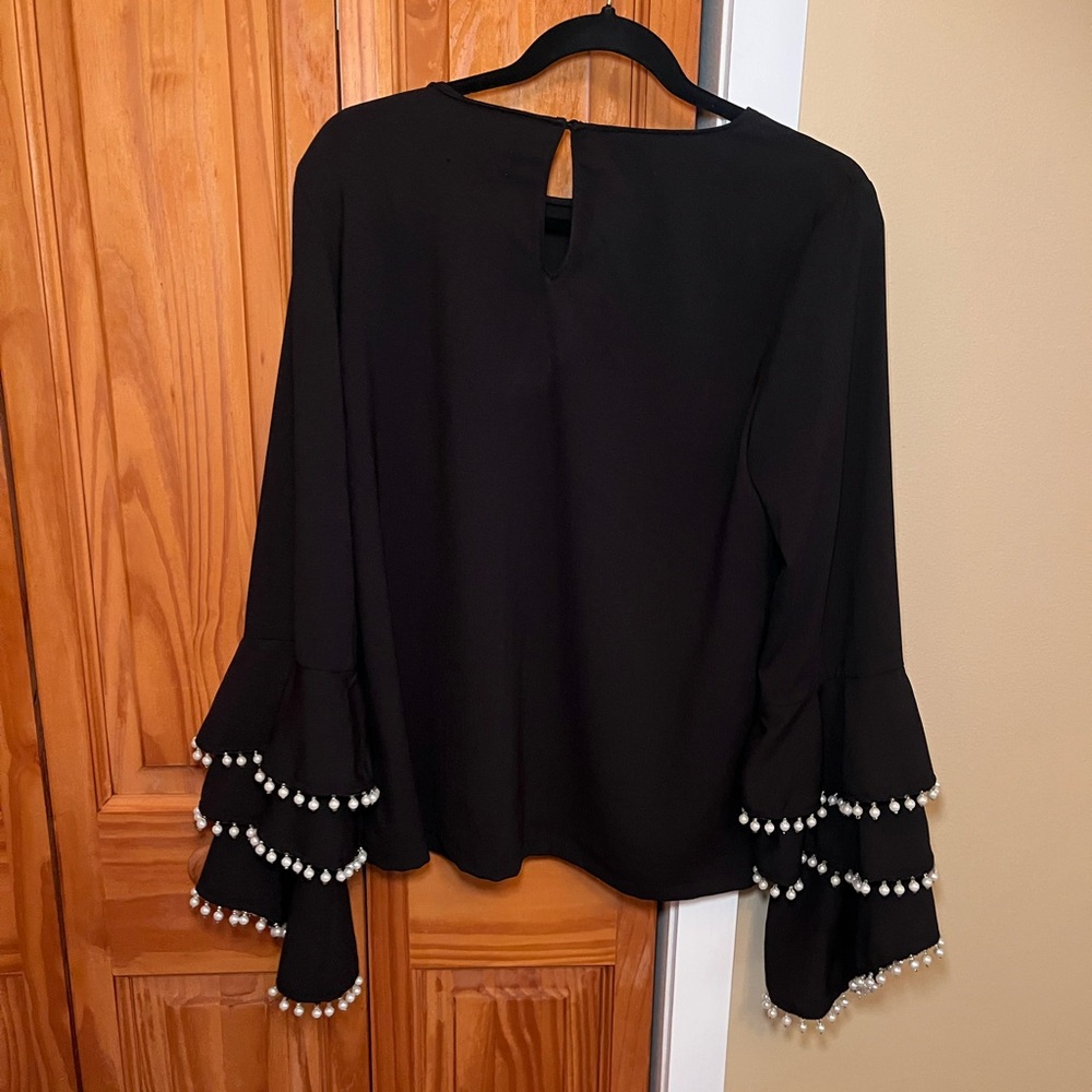 Grey Lab Black Blouse with Pearl Sleeve Accents Size Large NWT